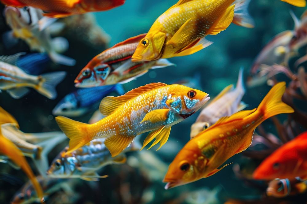 Multi colored fish swim in underwater animal pomacentridae multi colored.