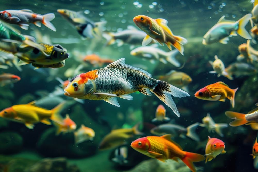 Multi colored fish swim in underwater aquarium outdoors animal.