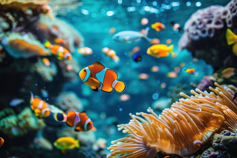Multi colored fish swim in coral reef aquarium outdoors animal.