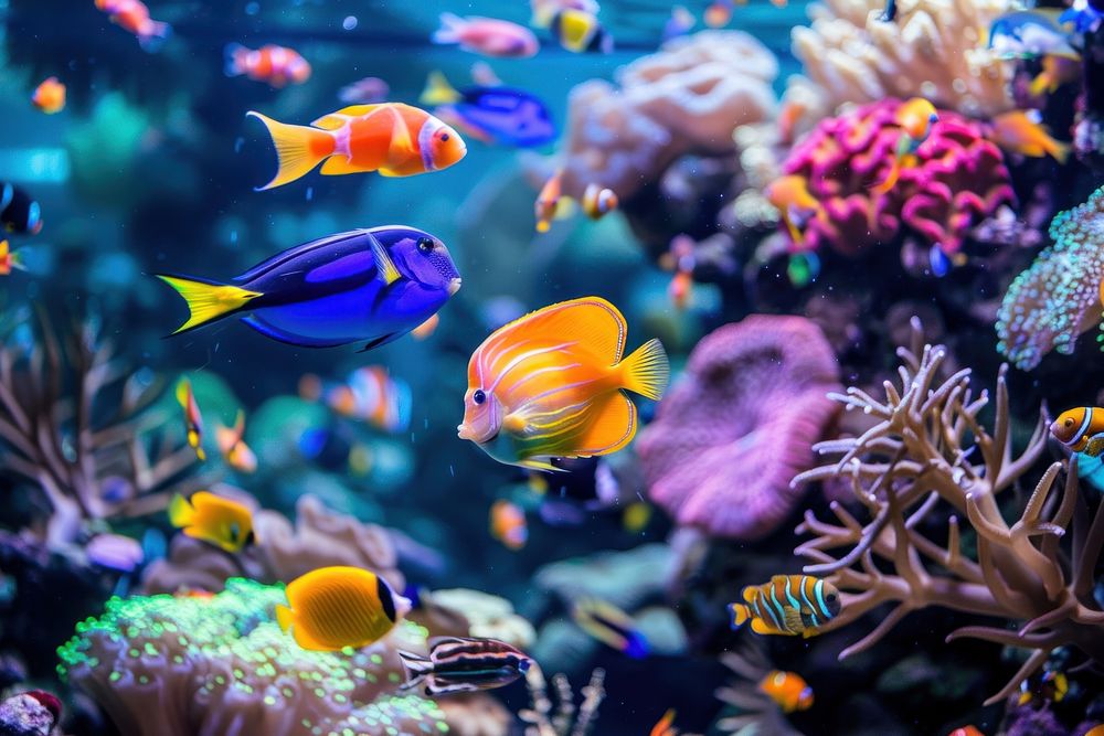 Multi colored fish swim in coral reef aquarium outdoors animal.