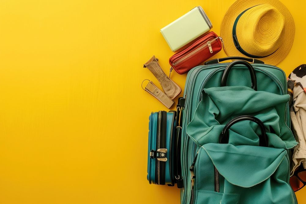 Packed suitcase with belongings luggage handbag yellow.