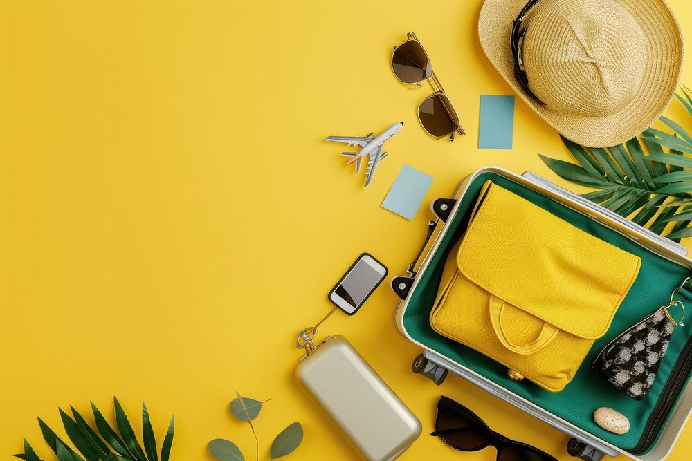 Packed suitcase with belongings yellow yellow background transportation.