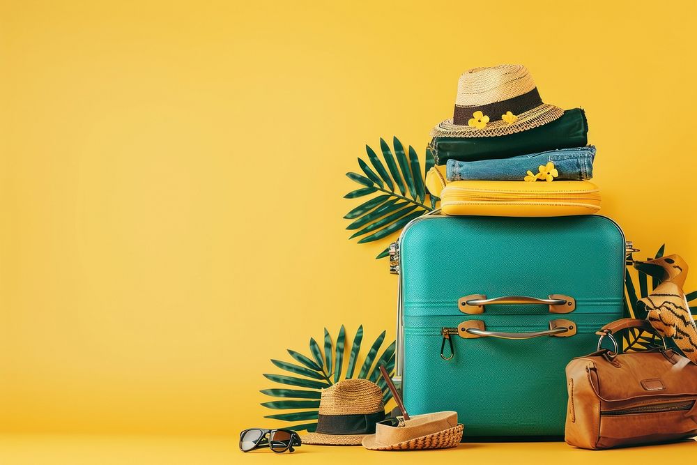 Packed suitcase with belongings luggage yellow yellow background.