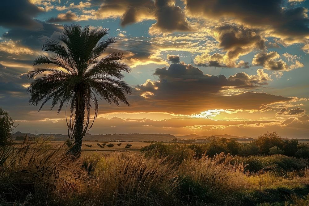 Palm tree landscape outdoors horizon.