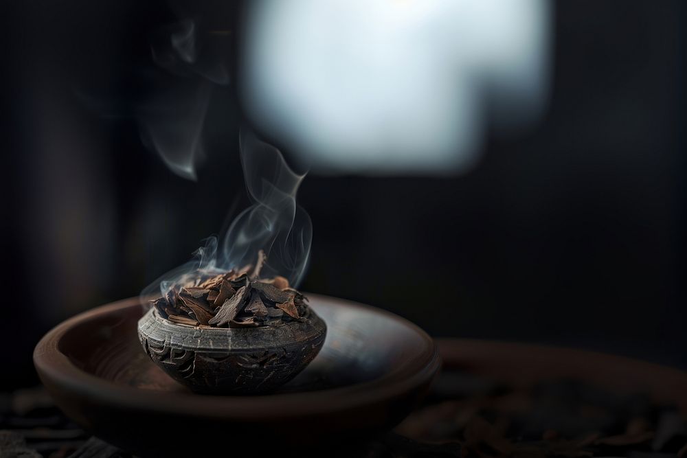 Premium dark Agarwood Chips incense burning smoke.