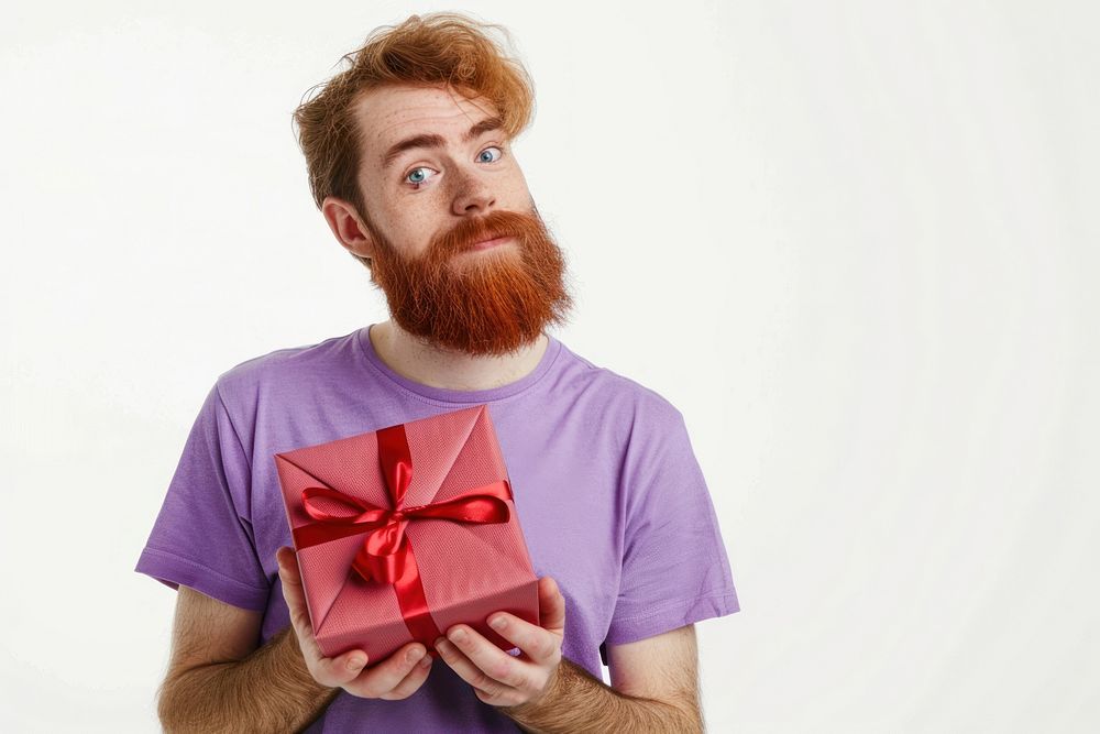 Man hold present box redhead beard adult.