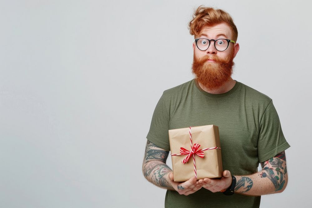 Man hold present box t-shirt redhead tattoo.