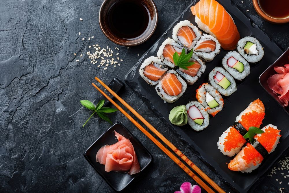 Set of sushi on a plate chopsticks food appetizer.