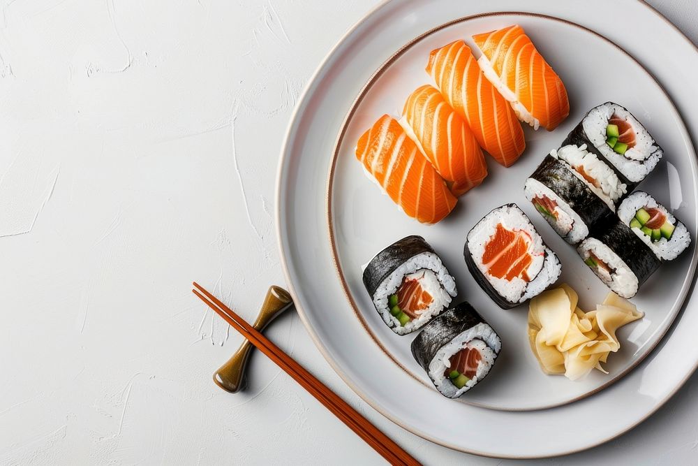 Set of sushi on a plate chopsticks food meal.