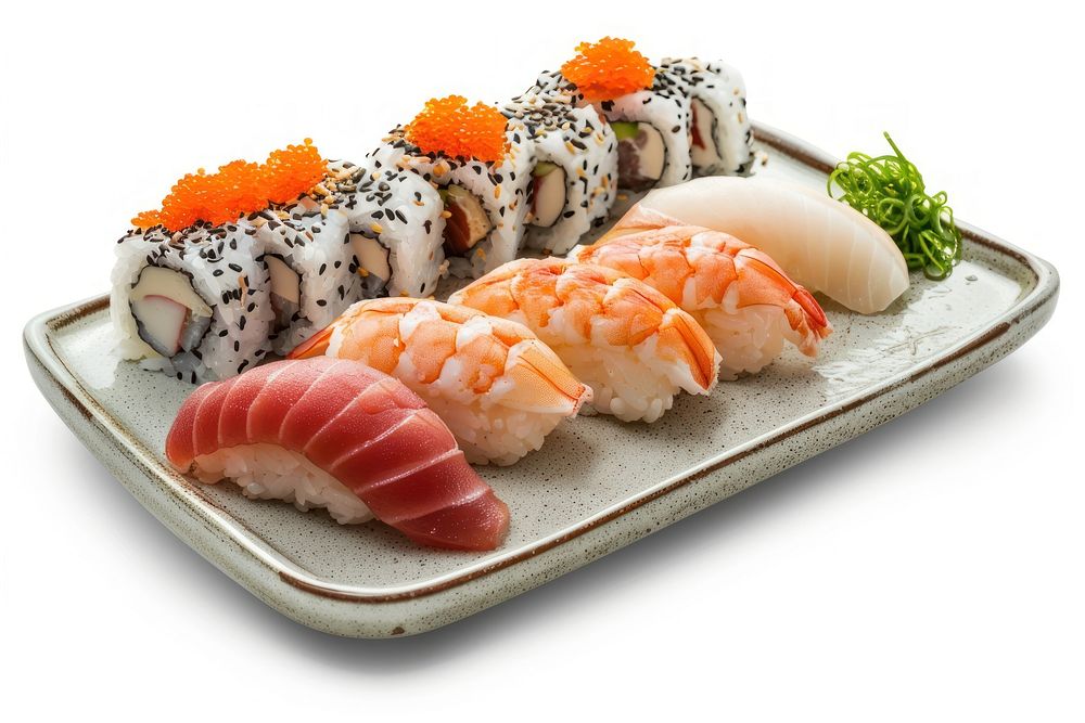 Set of sushi on a plate seafood rice meal.