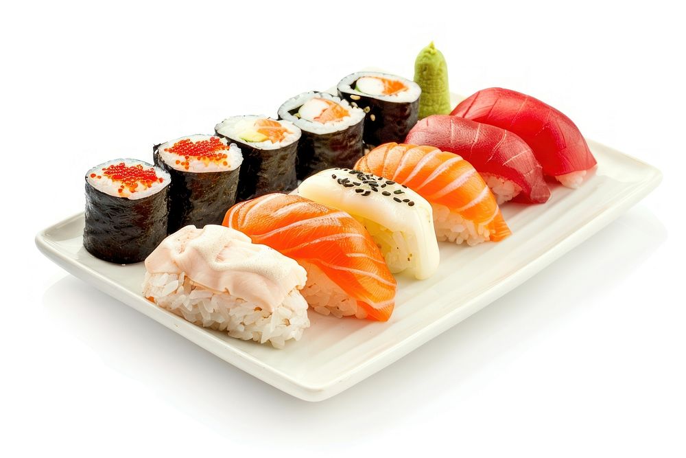 Set of sushi on a plate rice food meal.