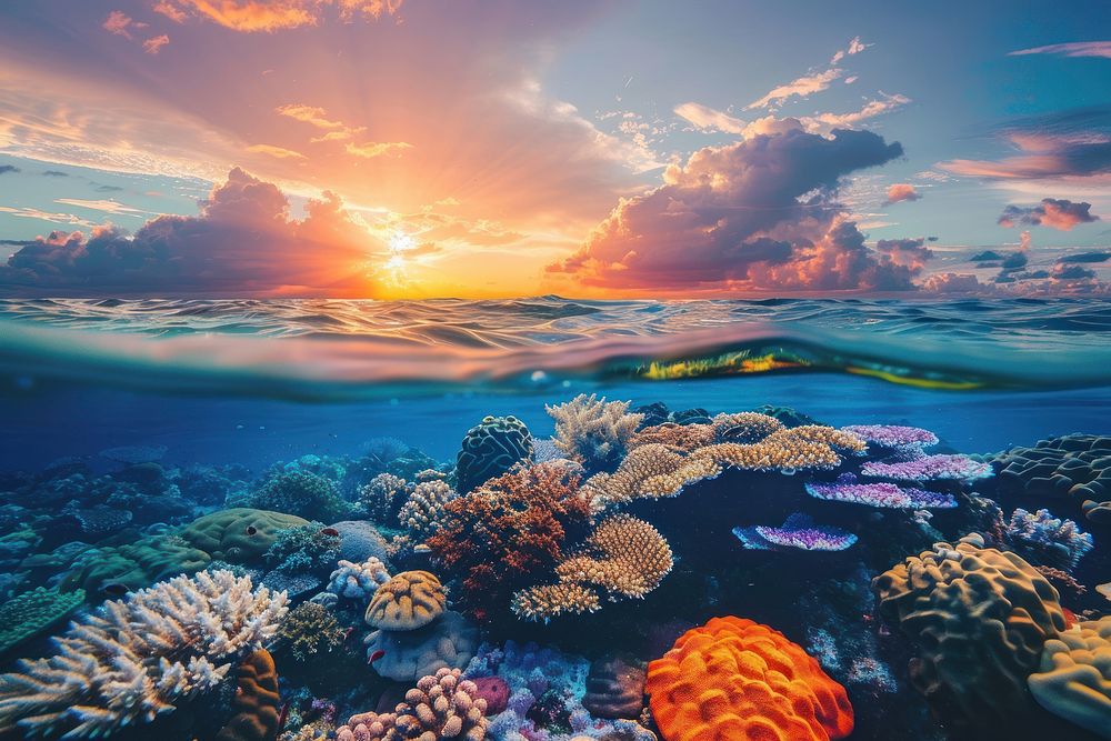 Tropical coral reef underwater landscape outdoors.