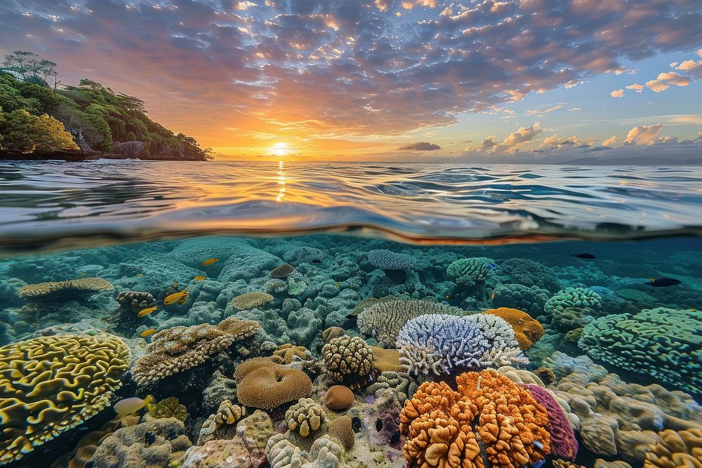 Tropical coral reef underwater landscape outdoors.
