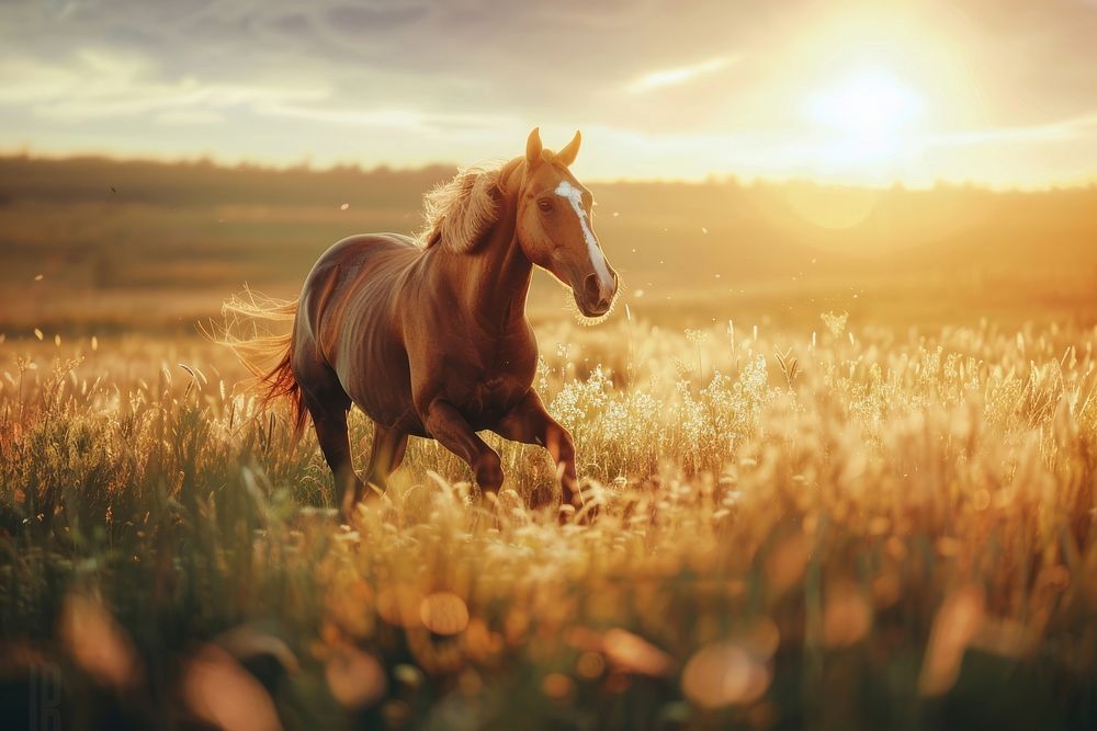 Horses runs landscape sunlight outdoors.