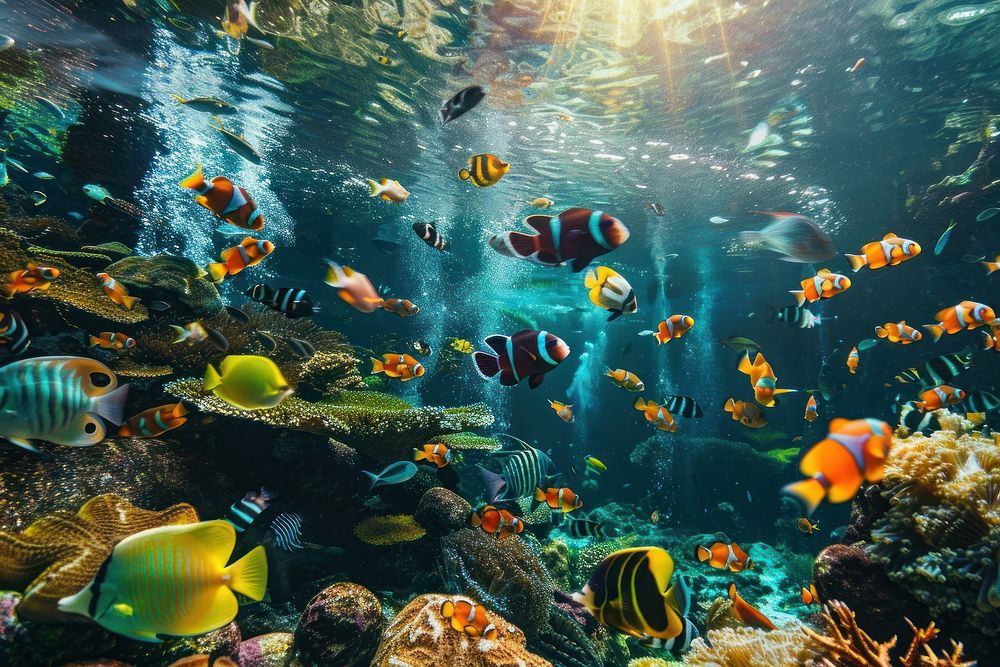 Multi colored fish swim in tropical coral reef underwater aquarium outdoors.