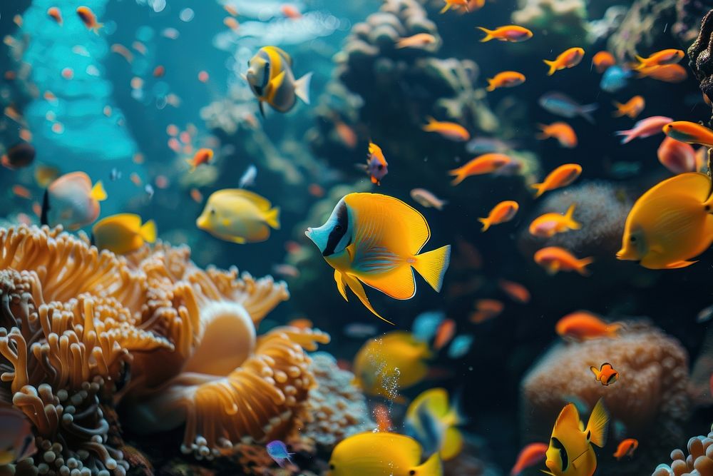 Multi colored fish swim in tropical coral reef aquarium outdoors animal.