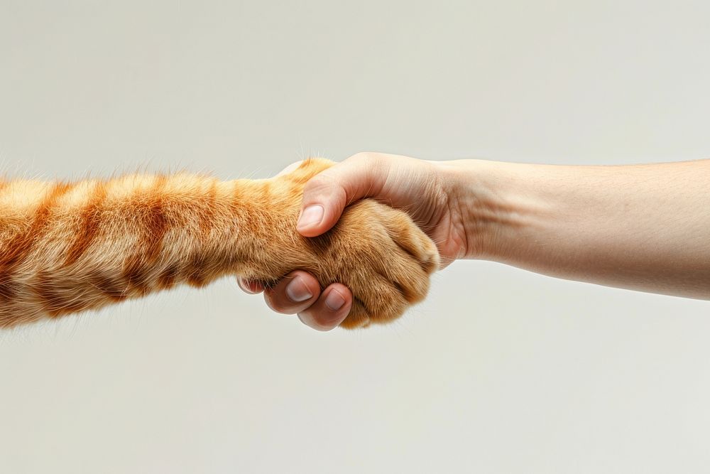 Orange cat leg shaking hand human electronics hardware.