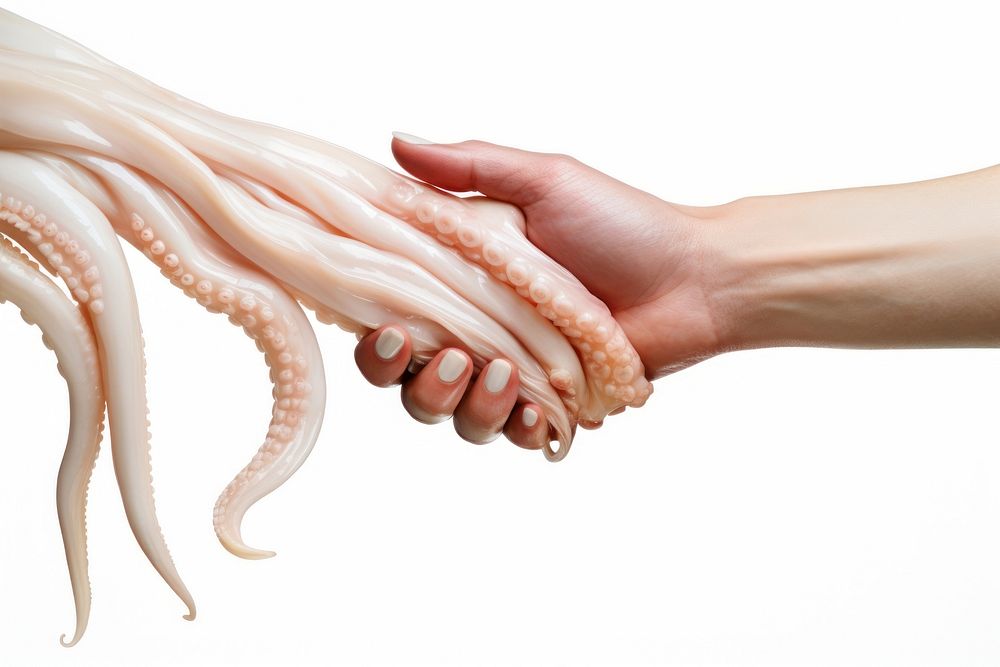 Single huge Squid tentacles shaking hand human invertebrate octopus.