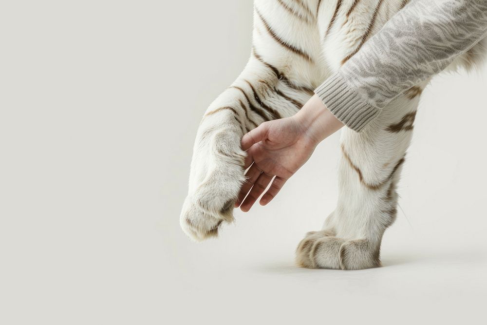 White tiger leg shaking human hand electronics.