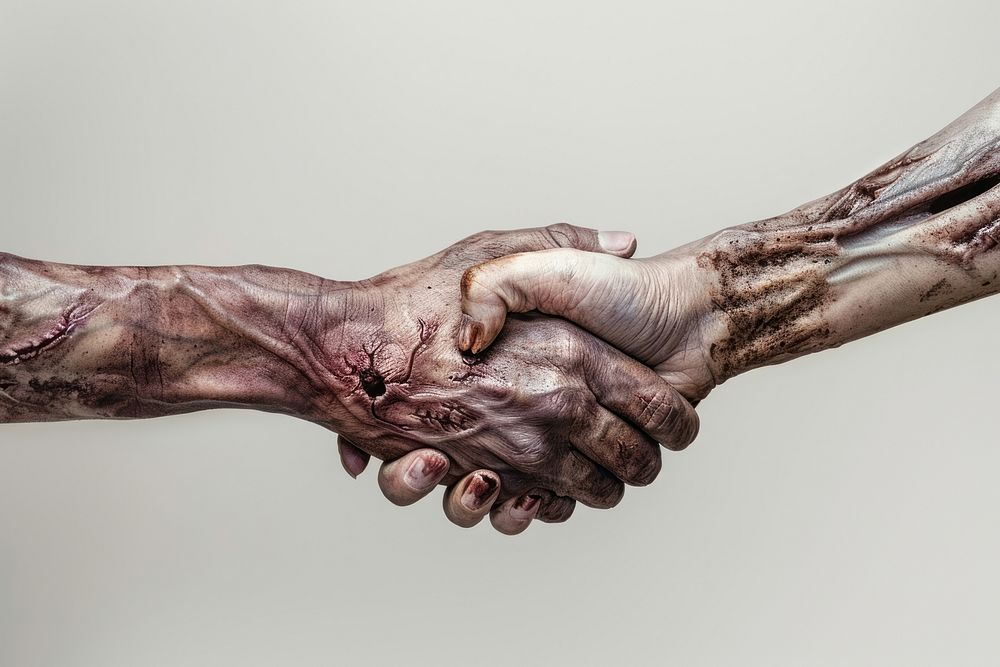 Zombie hand shaking hand human person skin.