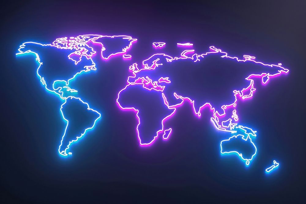 World map purple light night.