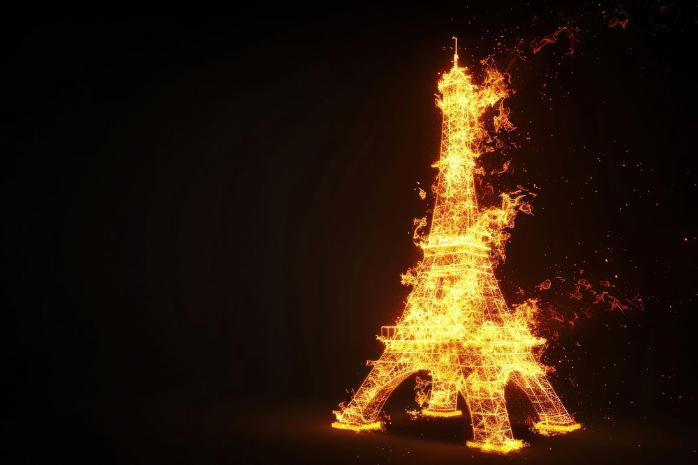 Eiffel tower fire bonfire black background.