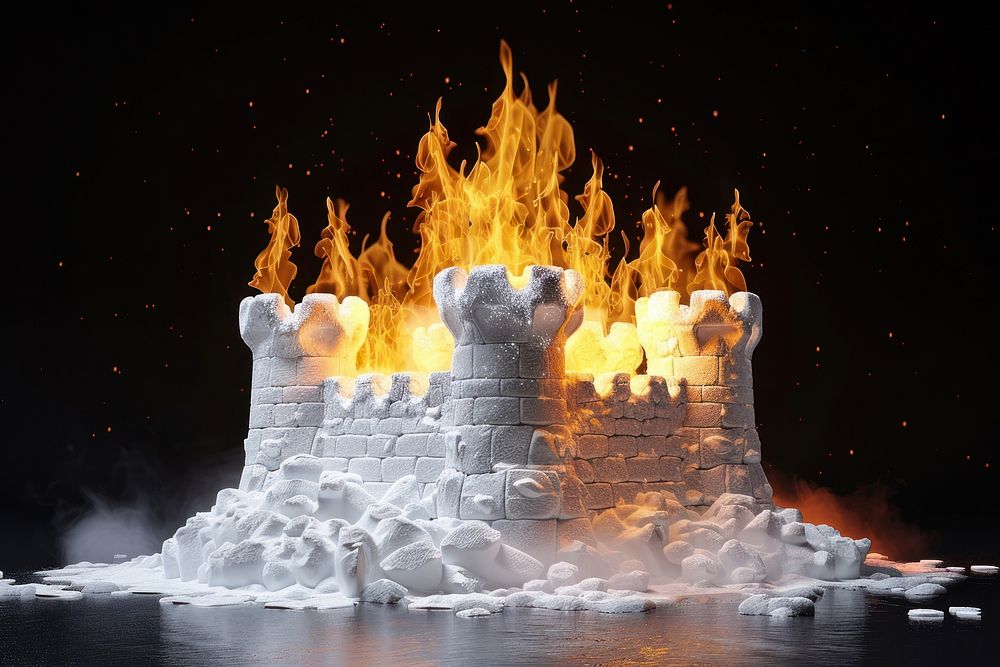 Snow castle fire bonfire black background.