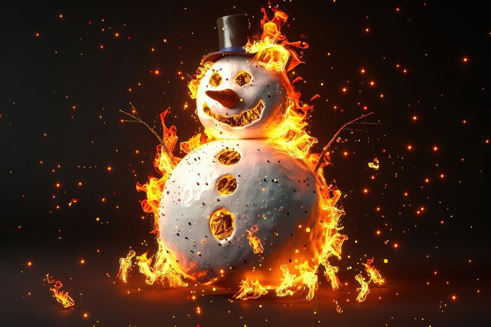 Snowman fire winter black background.