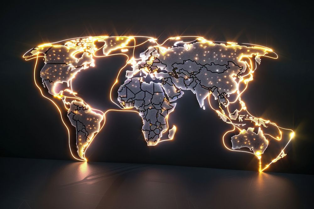 World map lighting glowing night.