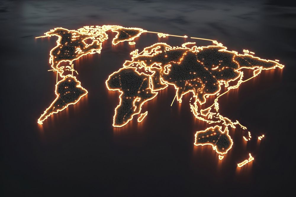 World map outdoors glowing fire.