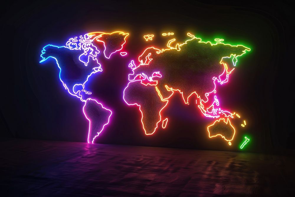 World map neon lighting architecture.