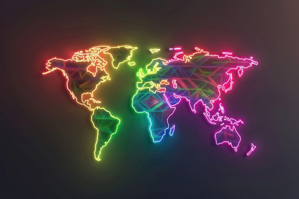 World map neon light illuminated.