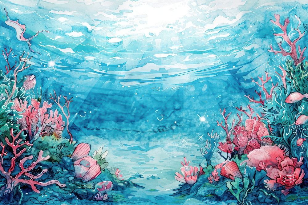 Under ocean in style pen water art underwater.