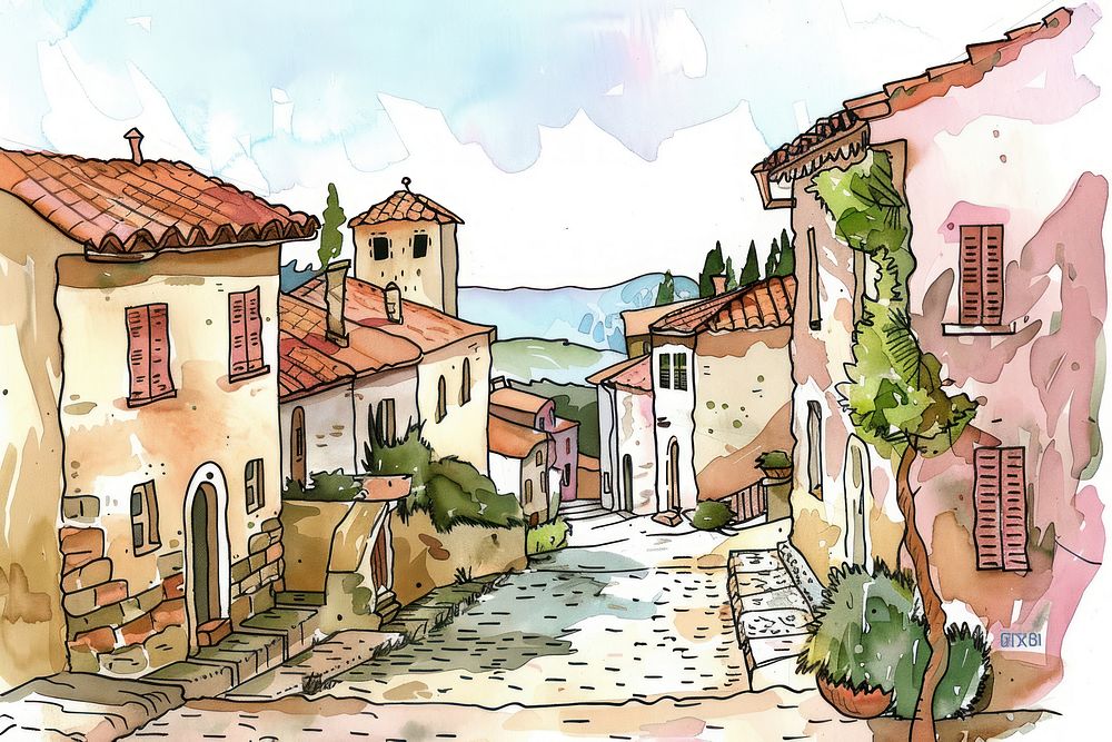 Village in europe in style pen sketch city art.