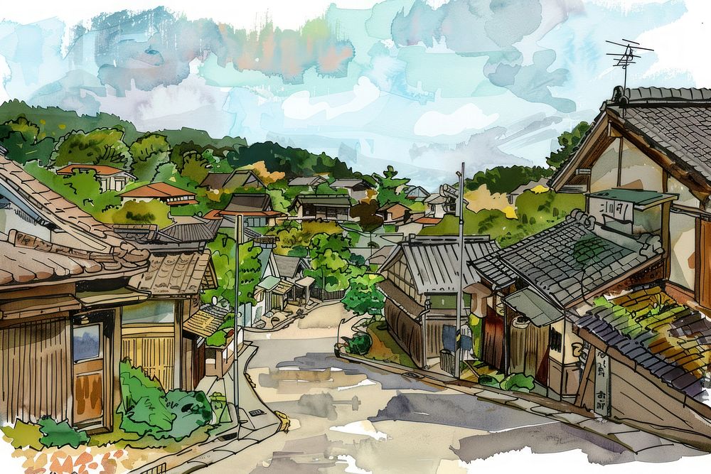 Village in Japan in style pen neighborhood architecture countryside.