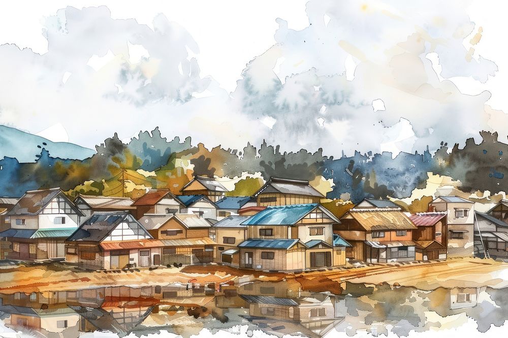 Village in Japan in style pen art neighborhood architecture.