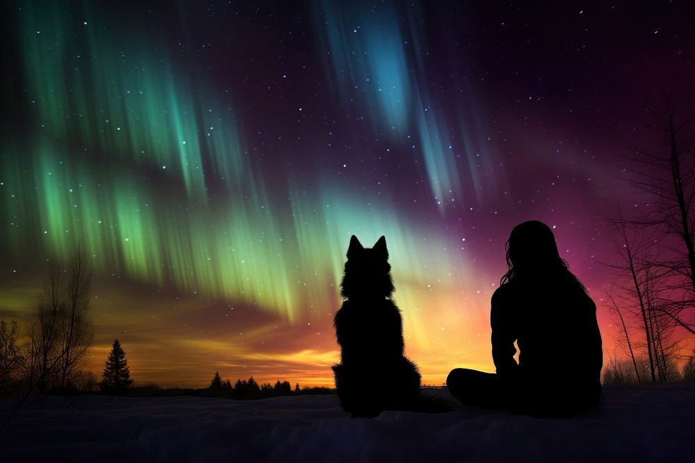 Dog silhouette photography aurora woman sky.