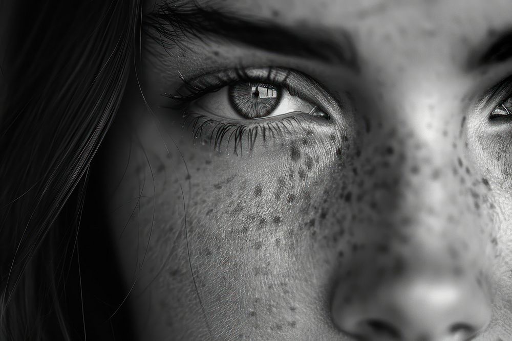Woman with freckles on face skin portrait black.