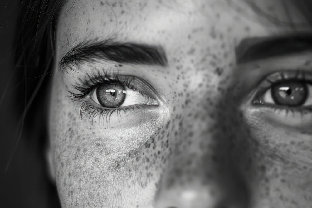 Woman with freckles on face portrait black white.