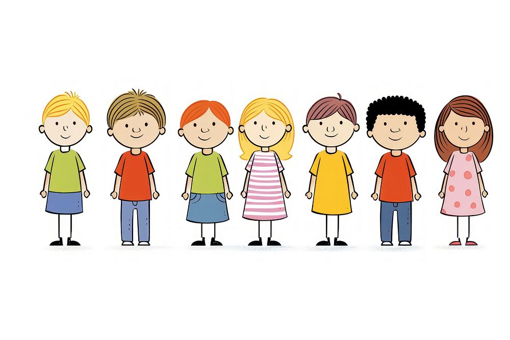 Six children cartoon white background togetherness.
