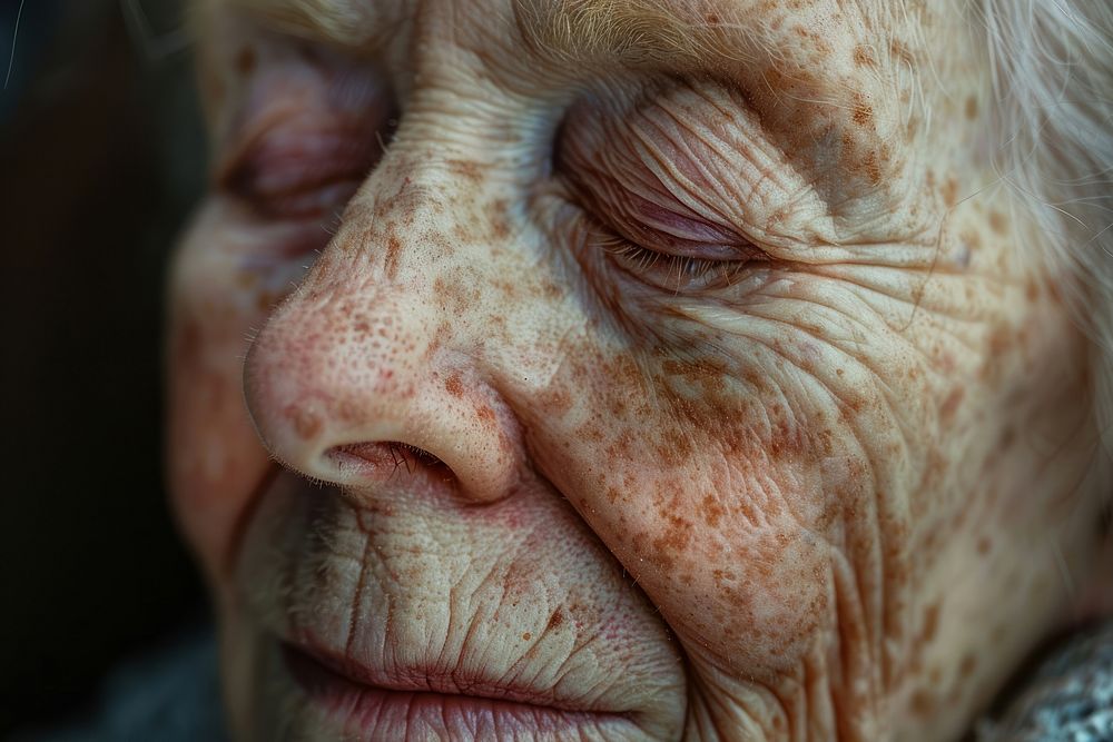 Elderly woman with freckle skin face portrait.