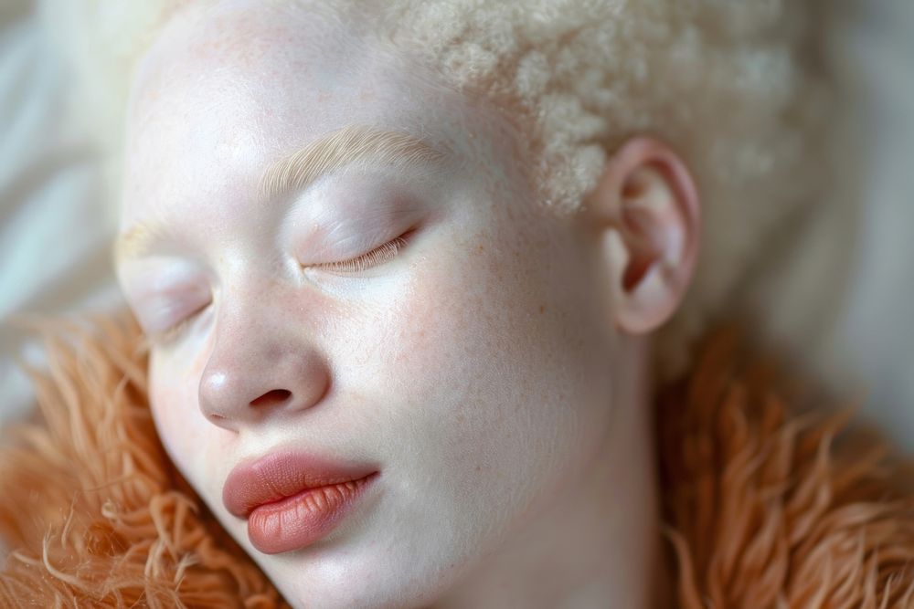 Woman with albinism skin sleeping baby.