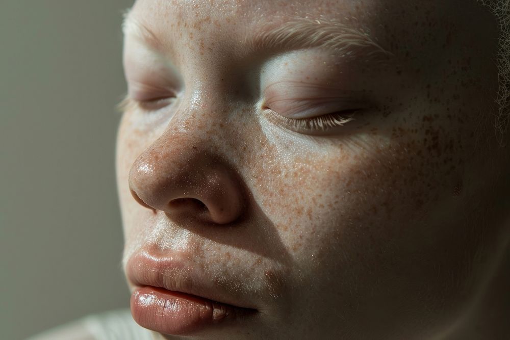 Woman with albinism skin forehead headshot.