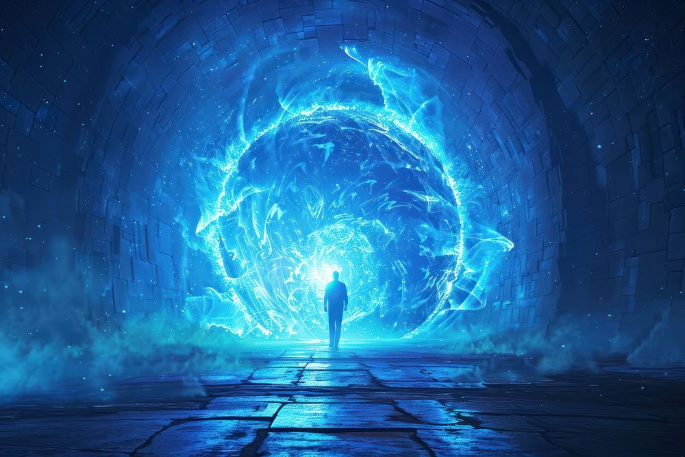 Mystical portal tunnel light night.