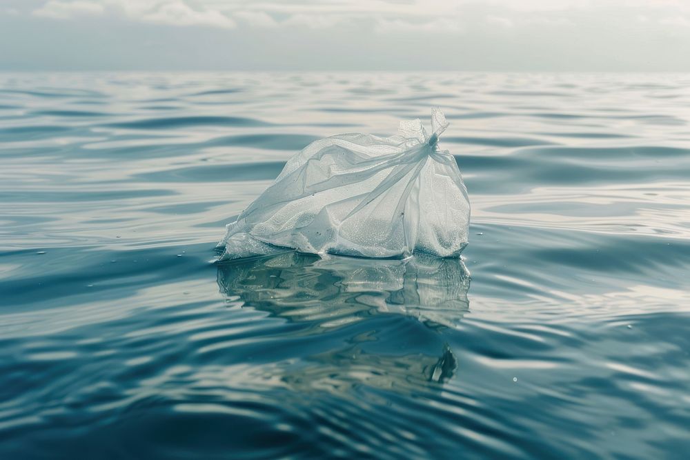 Big plastic bag floating outdoors nature water.