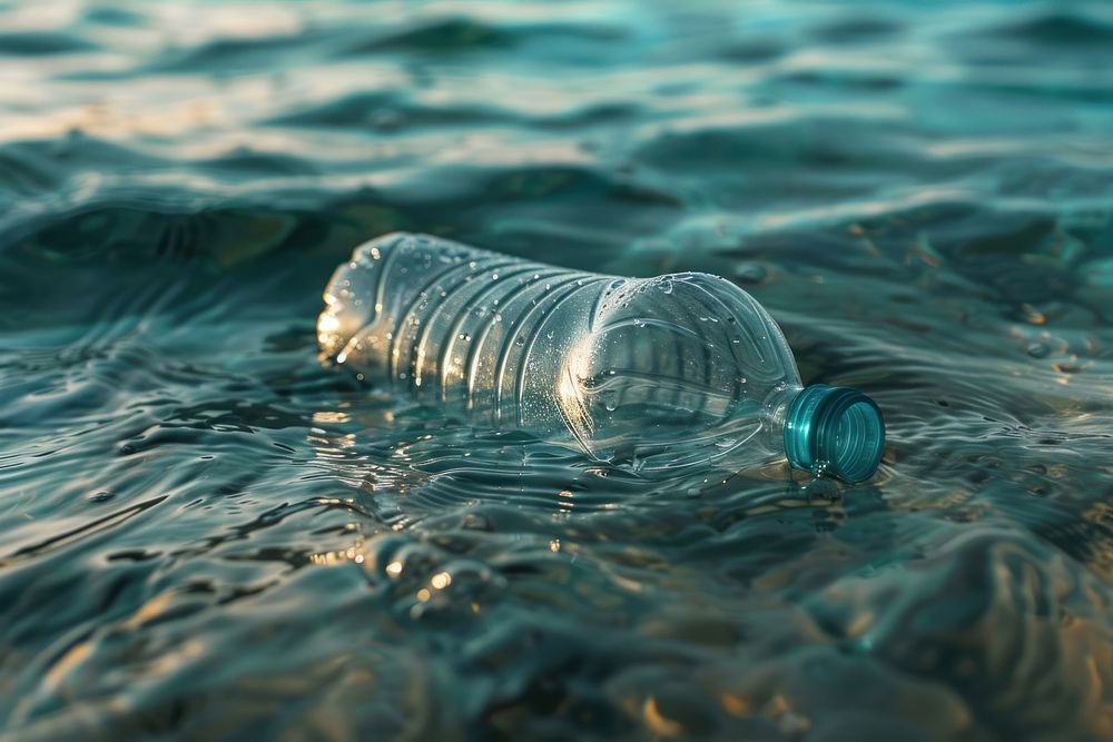 Big plastic bottle floating outdoors nature water.