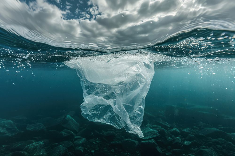 Iceberg plastic bag underwater outdoors nature.