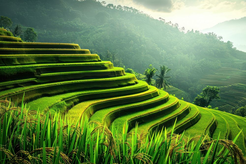 Rice fields on terraced agriculture landscape outdoors.