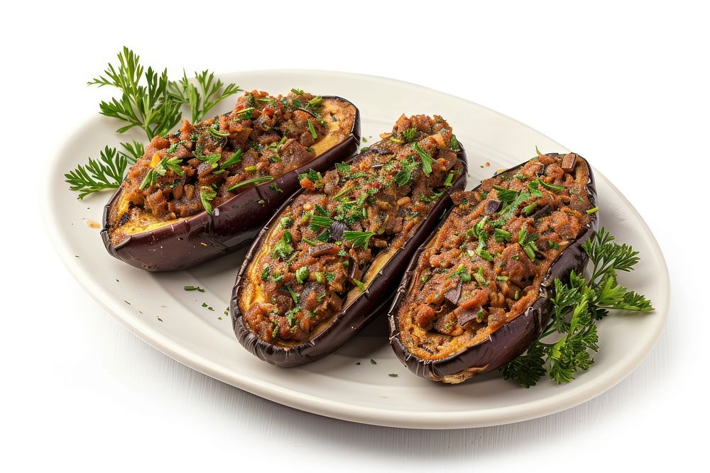 Stuffed eggplant plate vegetable produce food.