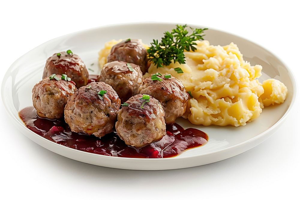 Swedish meatball plate ketchup food pork.